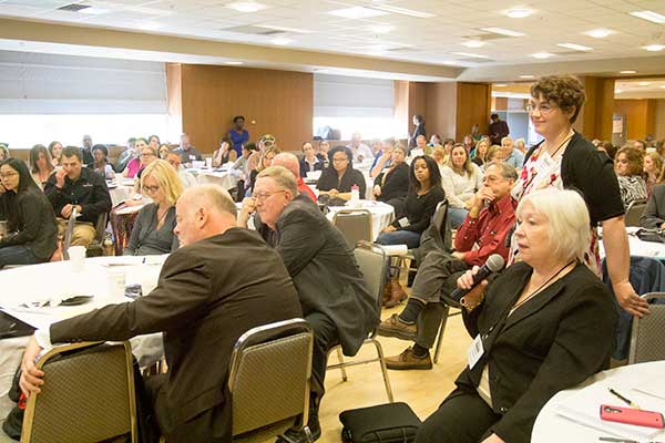 Symposium attendees during the Q and A session with the panel of representatives from Cargill, AbbVie Research and Development, and the Humane Society of the United States.