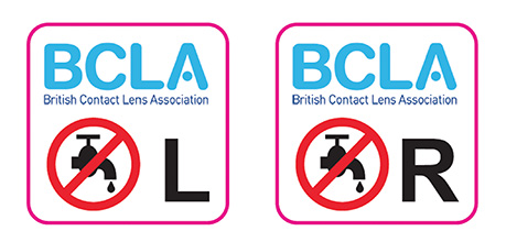 sticker to remind contact lens patients not to allow water to come into contact with their lenses or cases.