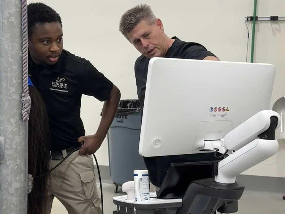 Two people examine a medical imaging monitor beside an examination table.