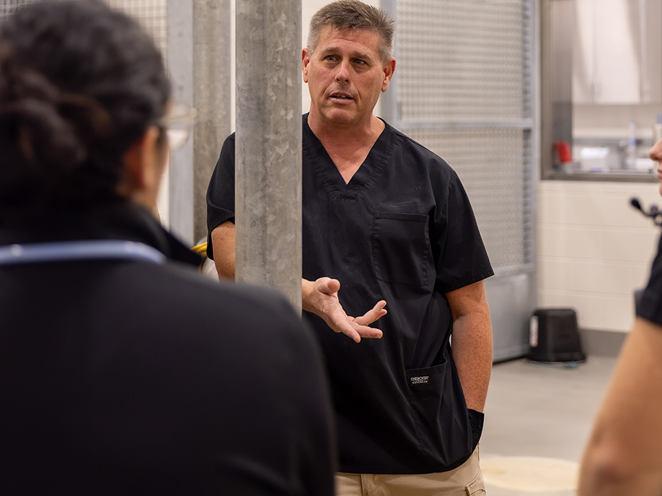 Dr. Justin Hayna speaking with a colleague about a case.