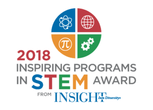 Logo for an award recognizing inspiring programs in STEM, featuring symbolic icons within a circular design.