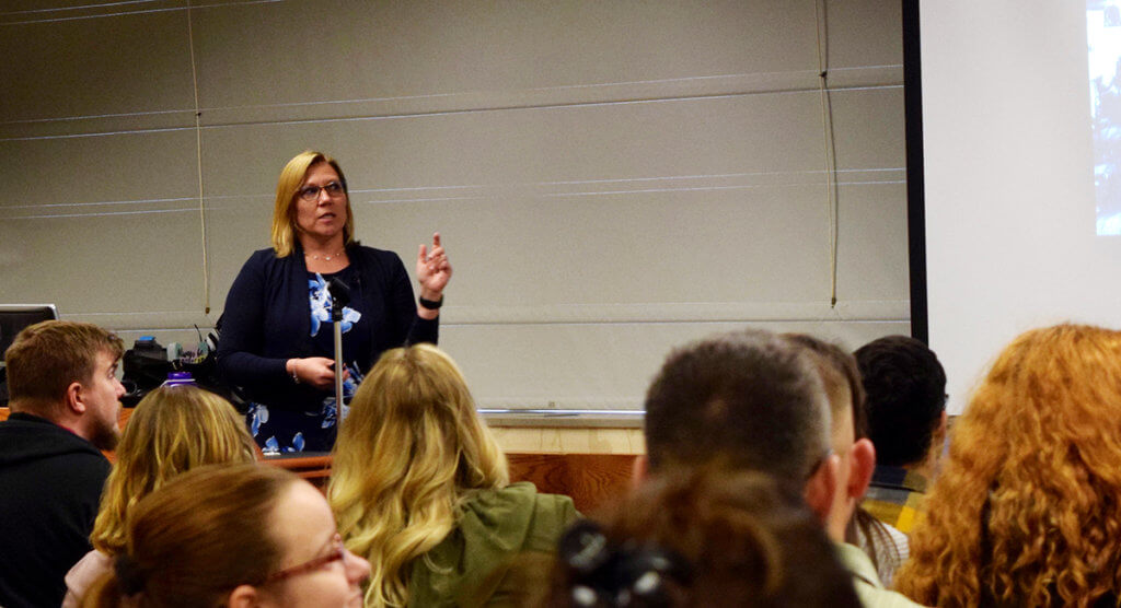 Purdue Veterinary Medicine Assistant Professor of One Health Epidemiology Audrey Ruple speaks at the fifth annual Purdue University Dawn or Doom conference, as the first Purdue Veterinary Medicine faculty member to give a presentation as part of the two-day event that focuses on risks and rewards of rapidly emerging technologies.