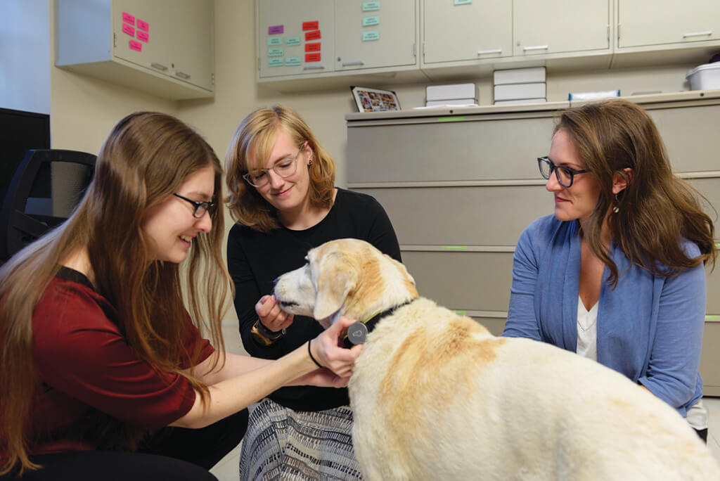 Dr. Maggie O'Haire pictured with OHAIRE lab members and Chloe the dog