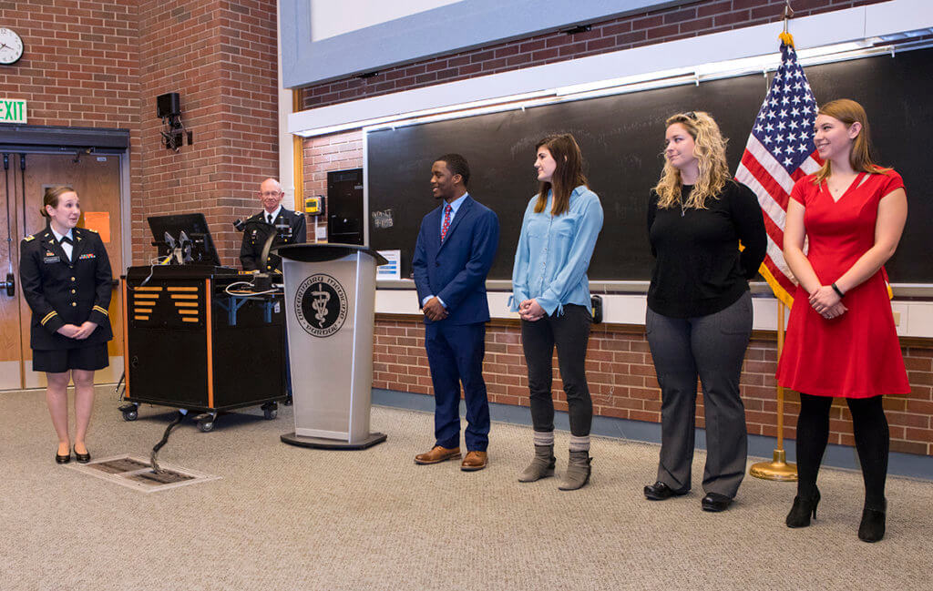 Army Major Whitney Vickery addresses US Army scholarship recipients