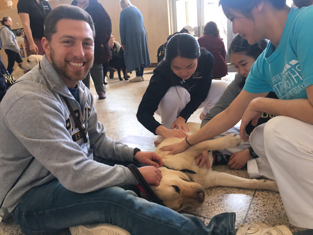 Ducky received belly rubs at the pre-show event for Purdue Convocations