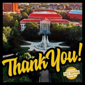 An aerial view of a campus with a fountain, featuring a prominent Thank You! message.
