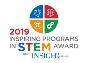 Logo for a STEM award featuring icons representing science, technology, engineering, and mathematics in a colorful, segmented design.