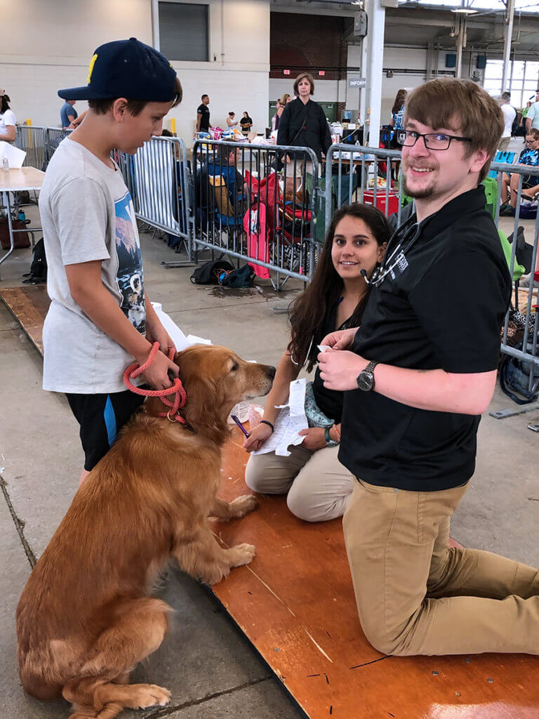 A boy holds his dog's leash as two veterinary students kneel down to examine the dog