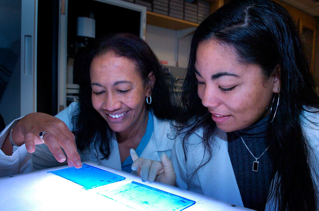 Dr. Mohammed and Krystal lean over a light box studying gel samples