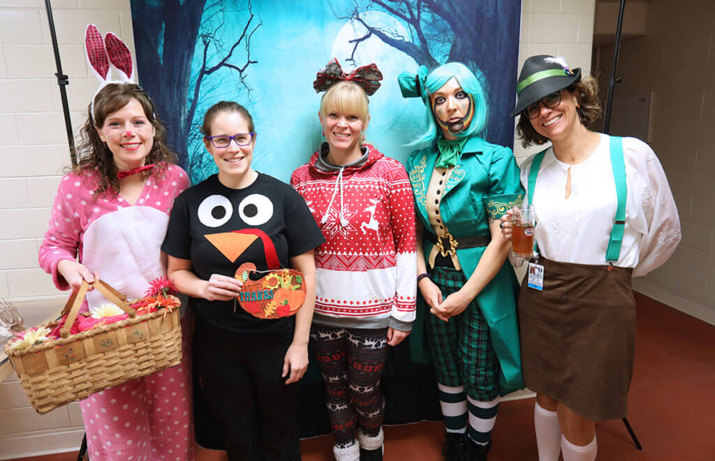 Diagnostic imaging team members dress up in Easter, Thanksgiving, Christmas, St. Patrick's, and Oktoberfest costumes