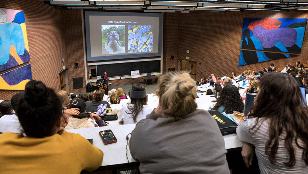 Lecture attendees fill the seats in Lynn Hall Room 1136 as Dr. Plowright presents