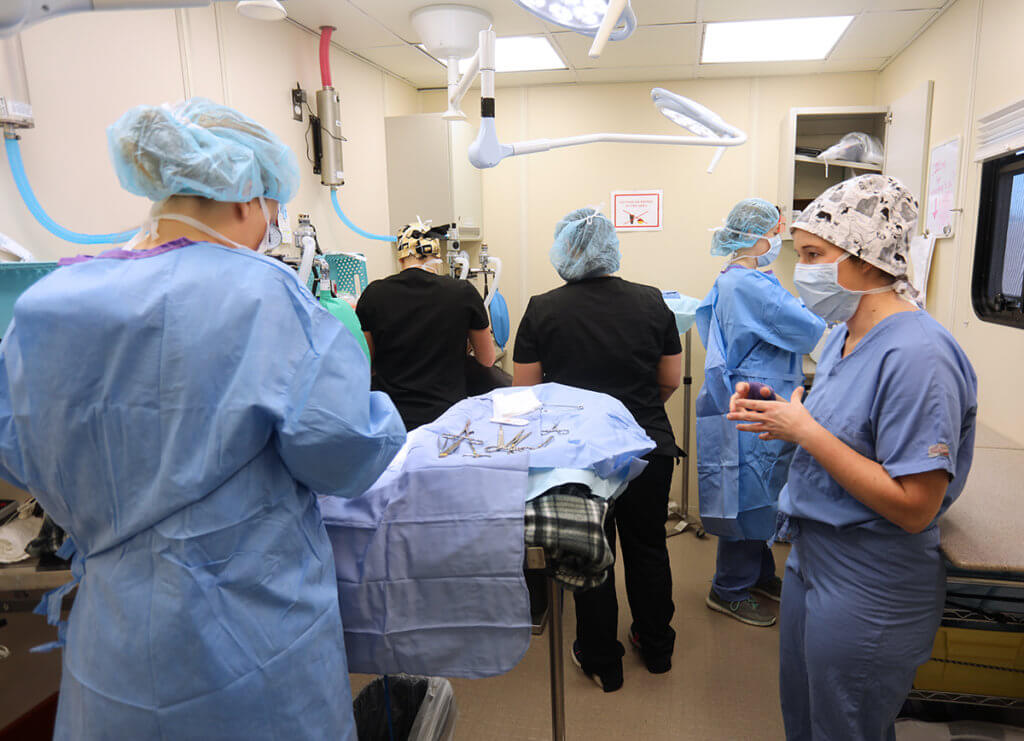 A student preps surgical tools as Dr. Curry looks on inside the mobile surgery unit