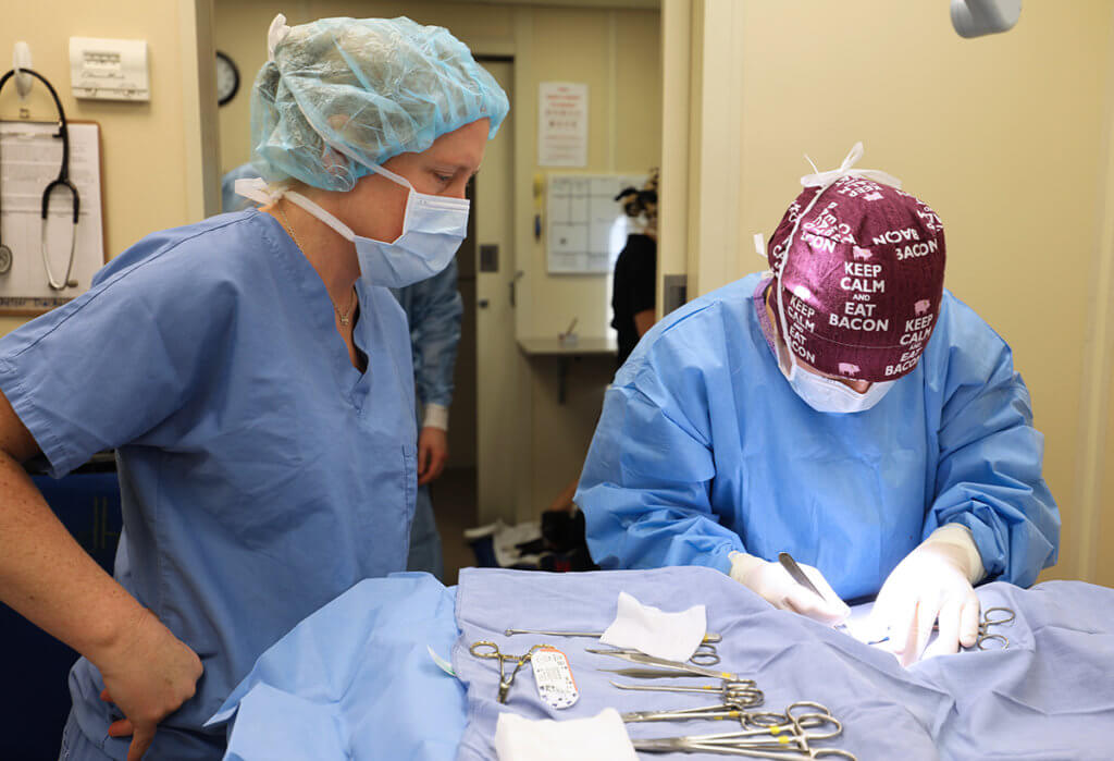 A student performs surgery in the mobile surgery unit as Dr. Bullard looks on