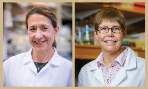 A split image featuring two women in lab coats, both smiling and posing in a laboratory setting.