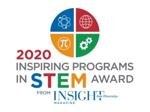 Logo for the Inspiring Programs in STEM Award featuring colorful icons related to science, technology, engineering, and mathematics.