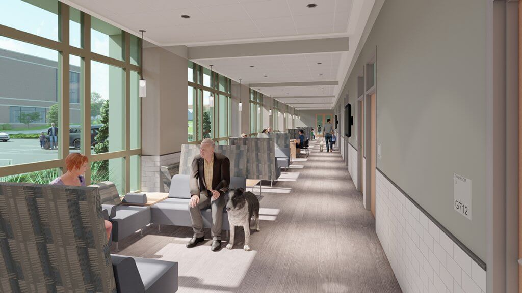 rendering of a seating area down a long hallway