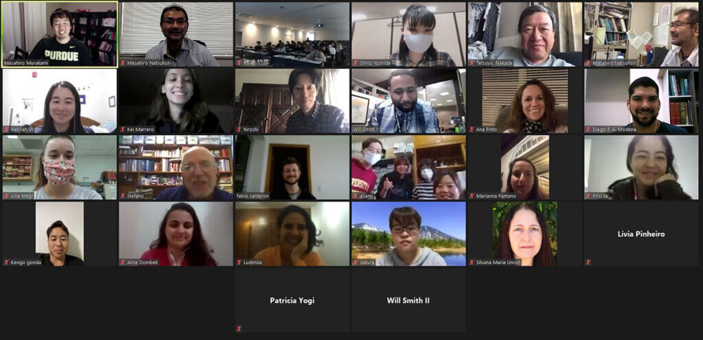 A screen shot of Zoom participants from all over the world are shown