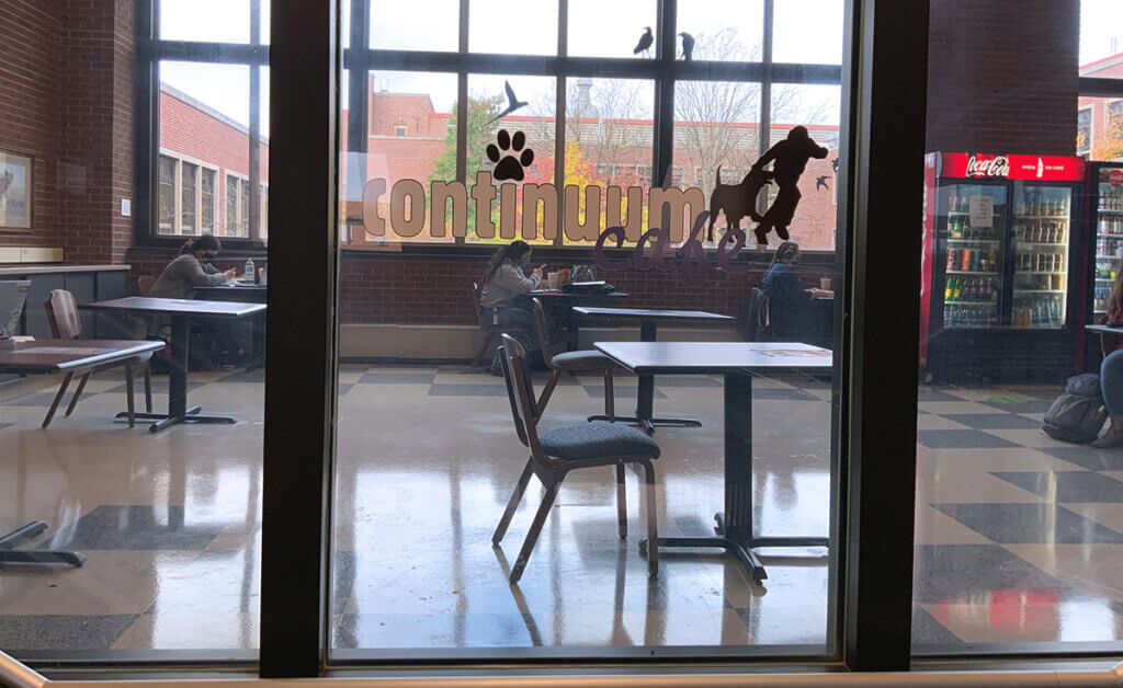 looking into the cafe through the stairwell window