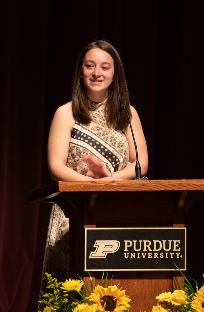 Sarah Stram of the fourth-year class addresses the third-year students.