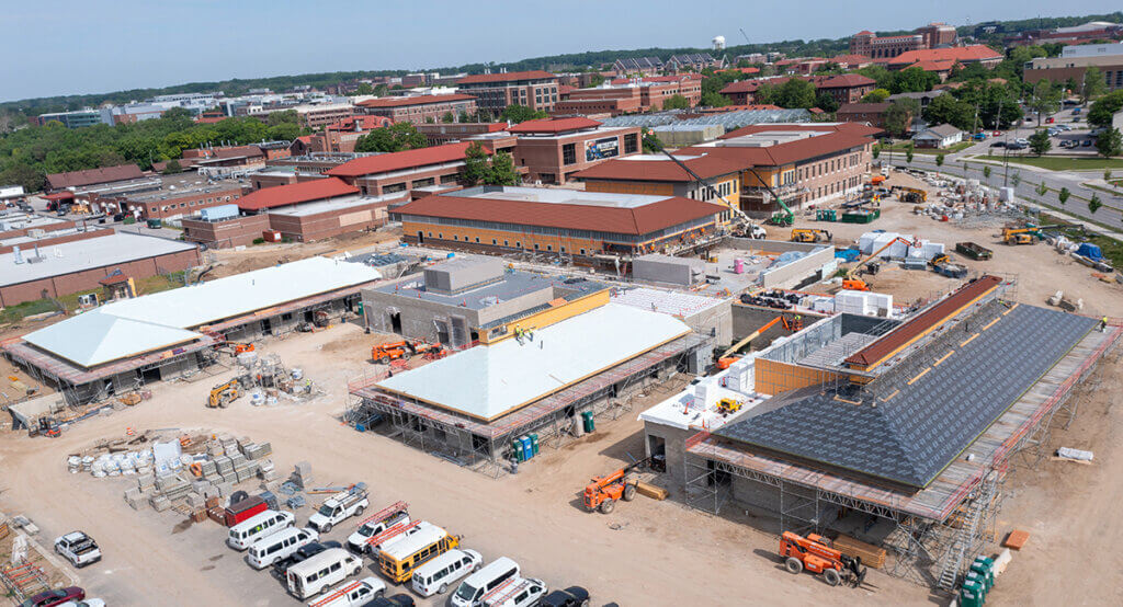 birds eye view of the new Equine Hospital with the new Small Animal Hospital, Lynn Hall and the southside of campus in the background