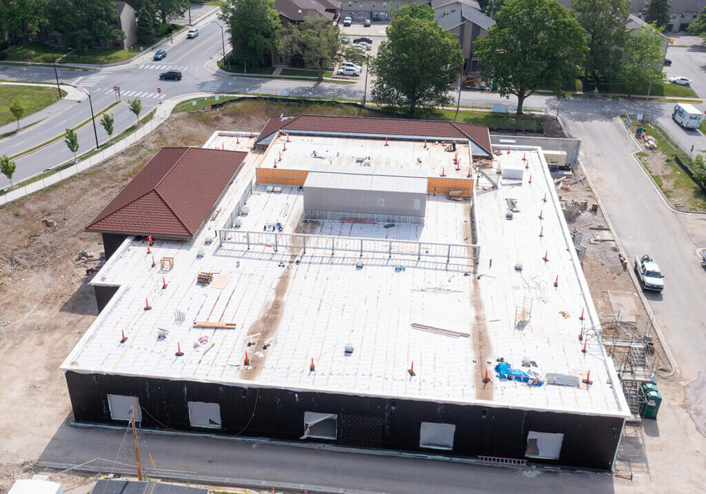 A birds eye view of the Farm Animal Hospital under construction looking toward Grant and Williams Street