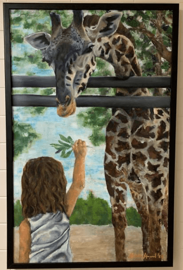 painting of a girl feeding a giraffe