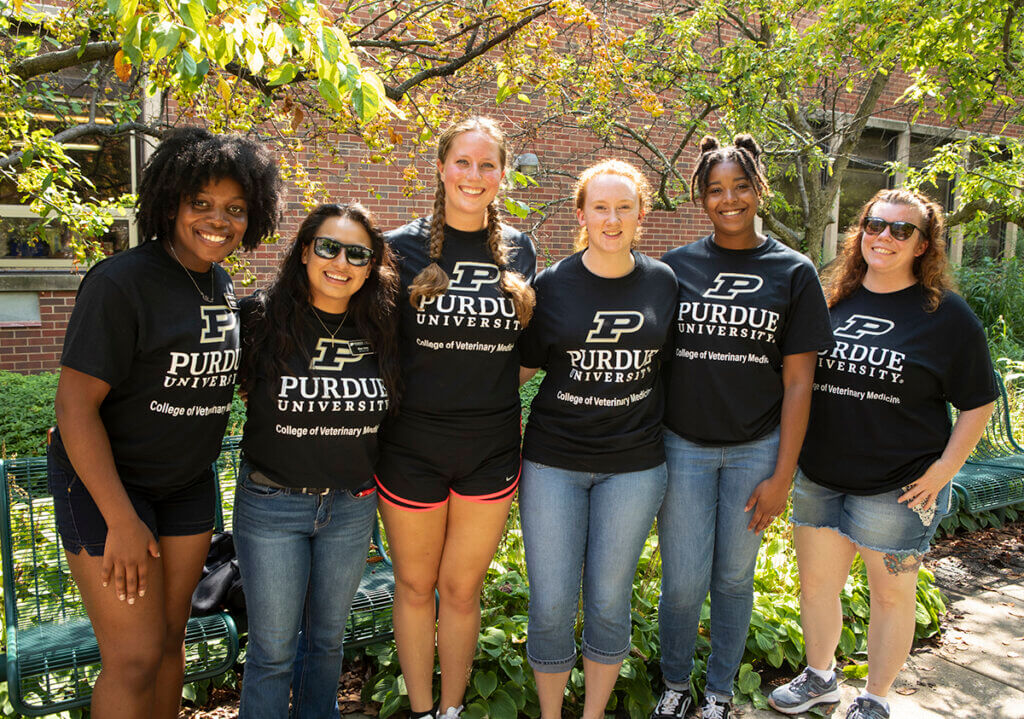 A group of six diverse women stand together smiling wearing black t-shirts with the college's logo