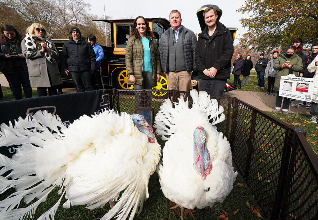Drs. Hendrix, Bowen, and Lossie stand behind the two turkeys as a crowd gathers around