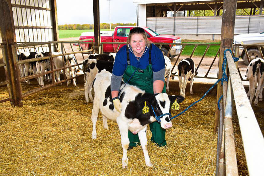 Kayla listens to a calf's heartbeat looking up at the camera with other calves in the background inside a barn