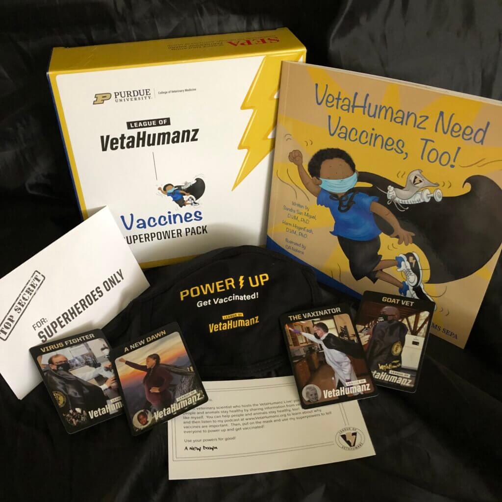 The VetaHumanz Vaccines SuperPower Pack includes instructions on how to play, superhero cards, the VetaHumanz Need Vaccines, Too! book, and more!