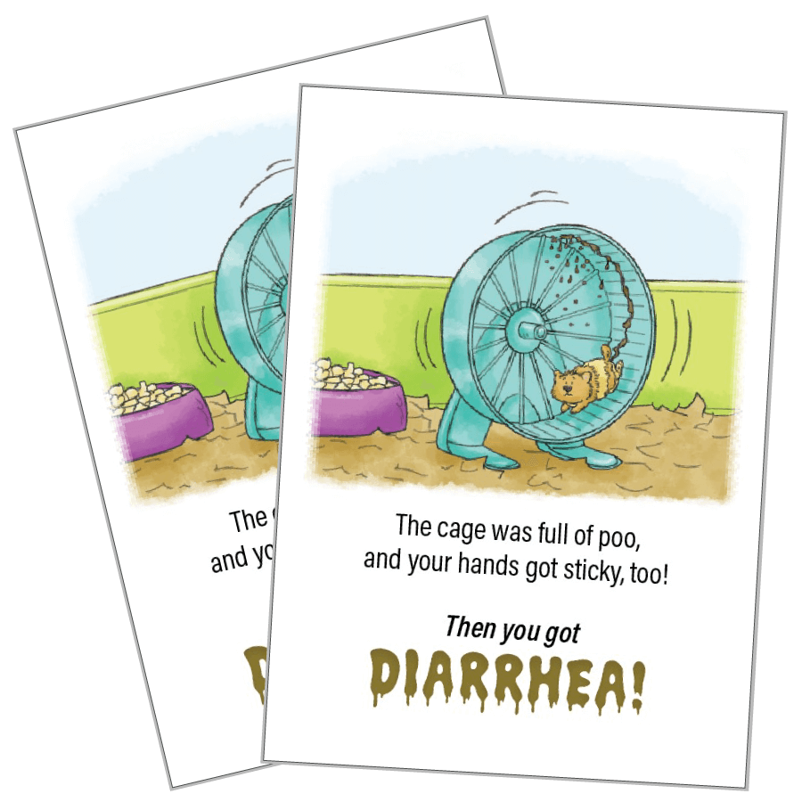 A pair of playing cards from the game show a hamster running on a wheel in a cage while having diarrhea.  It reads 