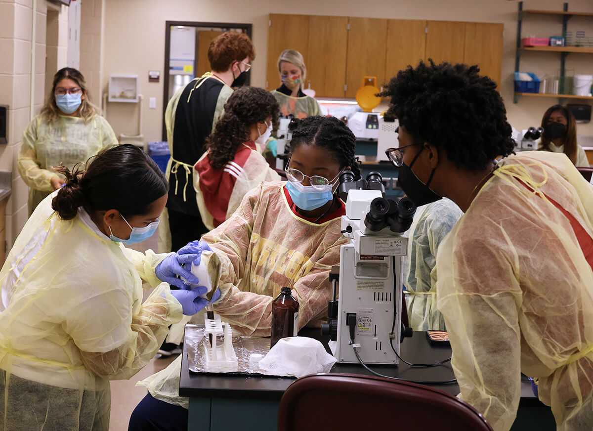 Wearing aprons, facemasks and gloves, participants work together to pour a substance into a tube at a lab workstation