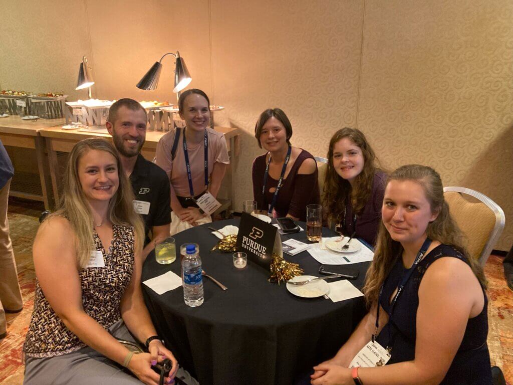 Several alumni from recent graduating classes gathered at a table during the Purdue Alumni Reception at the annual AVMA Convention in Philadelphia:  (left-right) Audriana Ballard, of the DVM Class of 2019, Bryen Ballard, of the DVM Class of 2017, Kara Negrini, of the Class of 2018, and Steph Lewis, Katie Fischbach and Katie Elkins, all of the DVM Class of 2020.