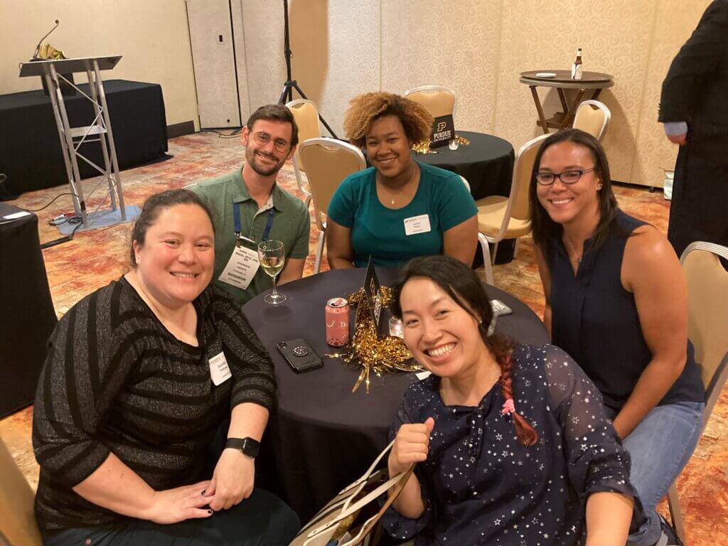 Purdue alumni and classmates (left-right) Jennifer Puttress (Class of 2012), Miguel Ortiz and Lauren Walker (Class of 2009), and Kim Braxton and (in front) Yuko Sato (Class of 2012)