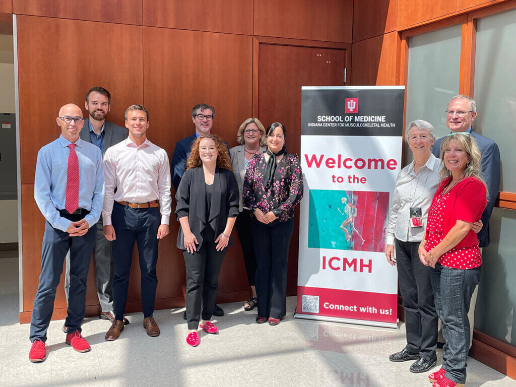 Staff from the office of U.S. Senator Mike Braun met with several members of the Indiana Center for Musculoskeletal Health. Pictured left-right: Dr. Stuart Warden of IUPUI; Dr. Stewart Low, head of discovery at Quince Therapeutics and co-founder of Novosteo, Inc.; Senator Braun’s staff members Jake Chebowski and Audrey Arbogast; Drs. Erik Imel and Sharon Moe of the IU School of Medicine; Dr. Sarah Malek from Purdue Veterinary Medicine; Dr. Lynda Bonewald, ICMH director; Michelle Gwin, a patient of Dr. Imel; and Dr. Wayne Campbell of Purdue’s Department of Nutrition Science.