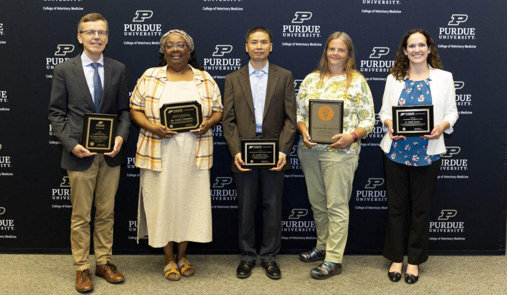 Award recipients (left – right): Dr. Harm HogenEsch, Dr. Paula Johnson, Dr. GuangJun Zhang, Dr. Diane Little and Dr. Kenitra Hendrix