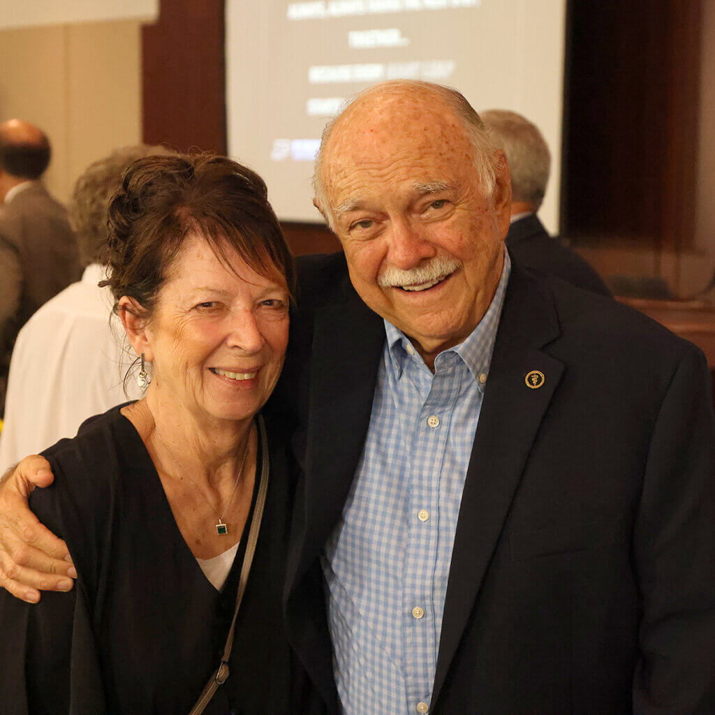 Dr. Leon Thacker, professor emeritus of comparative pathobiology and former Animal Disease Diagnostic Lab director, with Linda Henrickson, retired ADDL operations manager.
