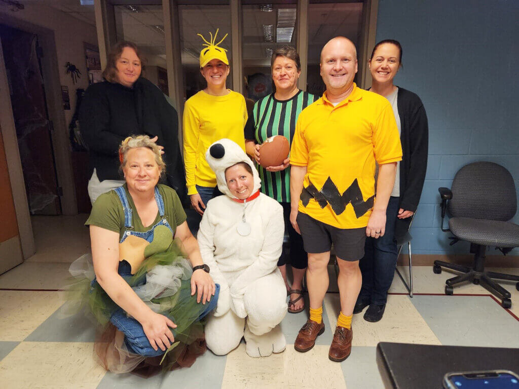 Members of the Veterinary Nursing Program team played the parts of the Peanuts Gang on Halloween in Lynn Hall (front row, left-right) Holly McCalip as Pig-Pen, Rachel Kelly as Snoopy, Dr. Chad Brown as Charlie Brown; (back row, left-right) Angela Arellano as Linus with blanket, Beth Laffoon as Woodstock, Pam Phegley as Peppermint Patty and Jennifer Smith at Lucy.