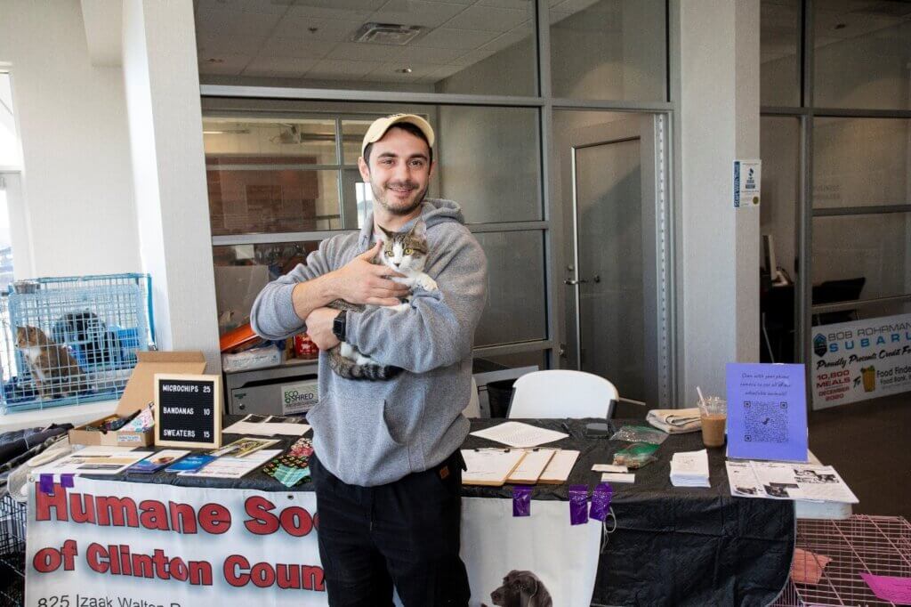 Third-year Purdue pharmacy student Lucas Lager left the Bob Rohrman Subaru Dealership with a new study buddy, Ninja the cat, from the Clinton County Humane Society.