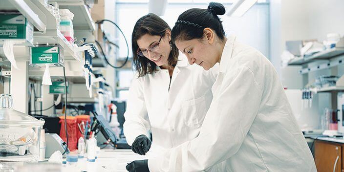 Dr. Linnes and Sayeh work together in the lab