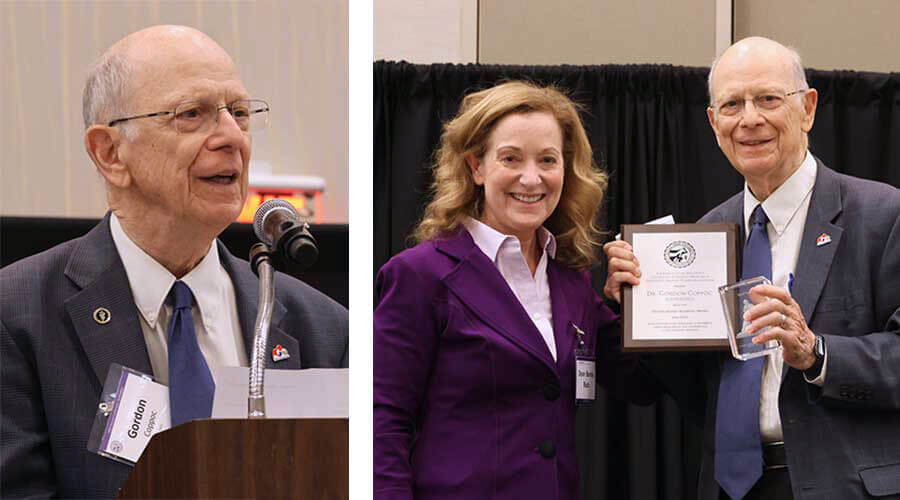 Dr. Coppoc pictured at a lectern during the award presentation and standing next to Dr. Bonnie Rush, Hodes Family Dean of the K-State College of Veterinary Medicine