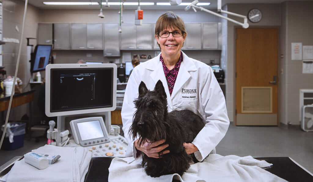 Dr. Debbie Knapp pictured with a black Scottish Terrier in an exam room