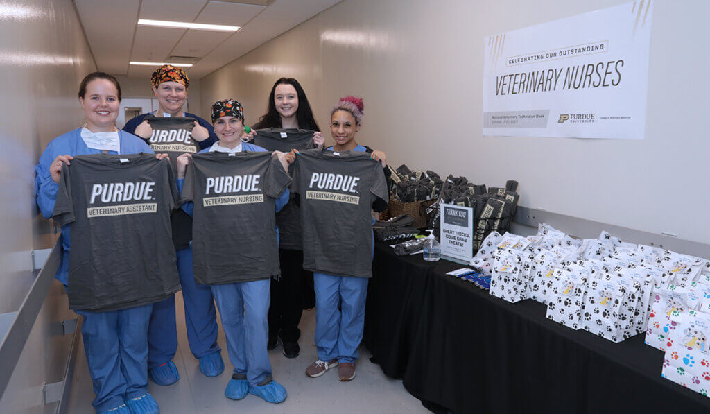 Veterinary nurses smile holding up their new t-shirts next to tables filled with goodies.