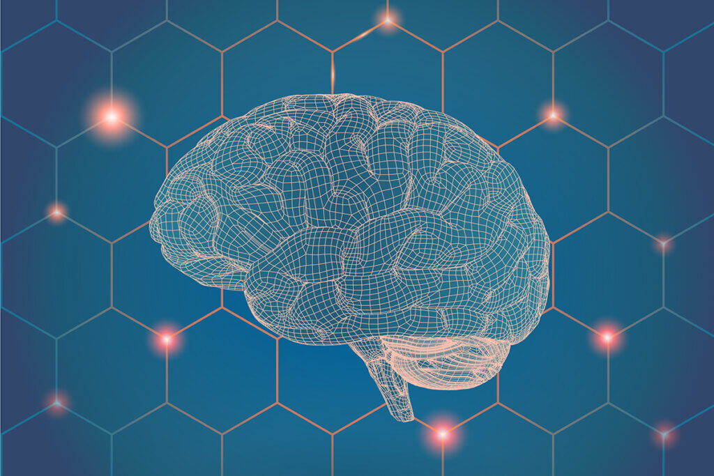 illustration of a brain against a geometric honeycomb background