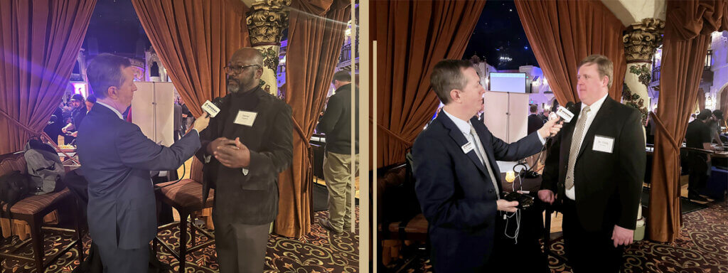 A split screen of C.J. interviewing Dr. Ragland and then Dr. Bowen off to the side of the ballroom at the event