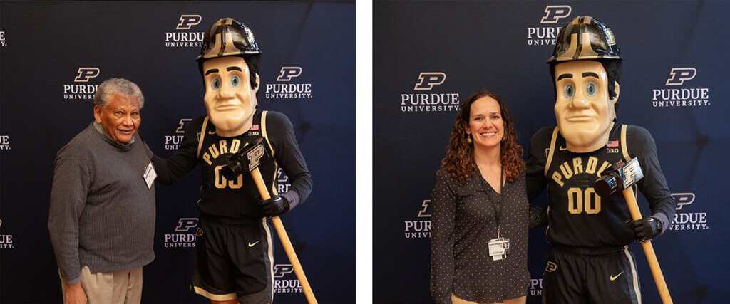Drs. Nour and Hendrix pose for photos with Purdue Pete