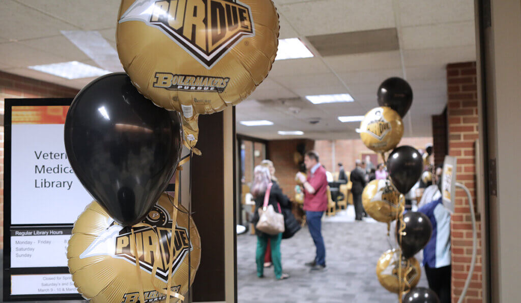 Balloons decorate the entrance to the library where prospective students and their guests mingle with college faculty and students