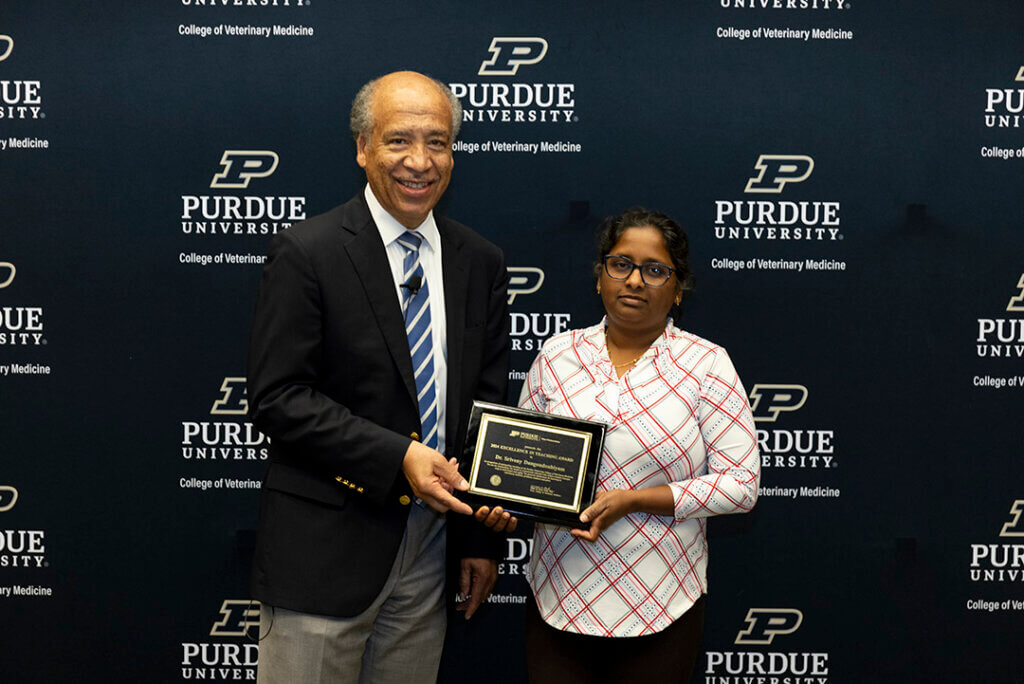 Dr. Sriveny Dangoudoubiyam was nominated by peers to receive the Excellence in Teaching Award sponsored by the College of Veterinary Medicine.