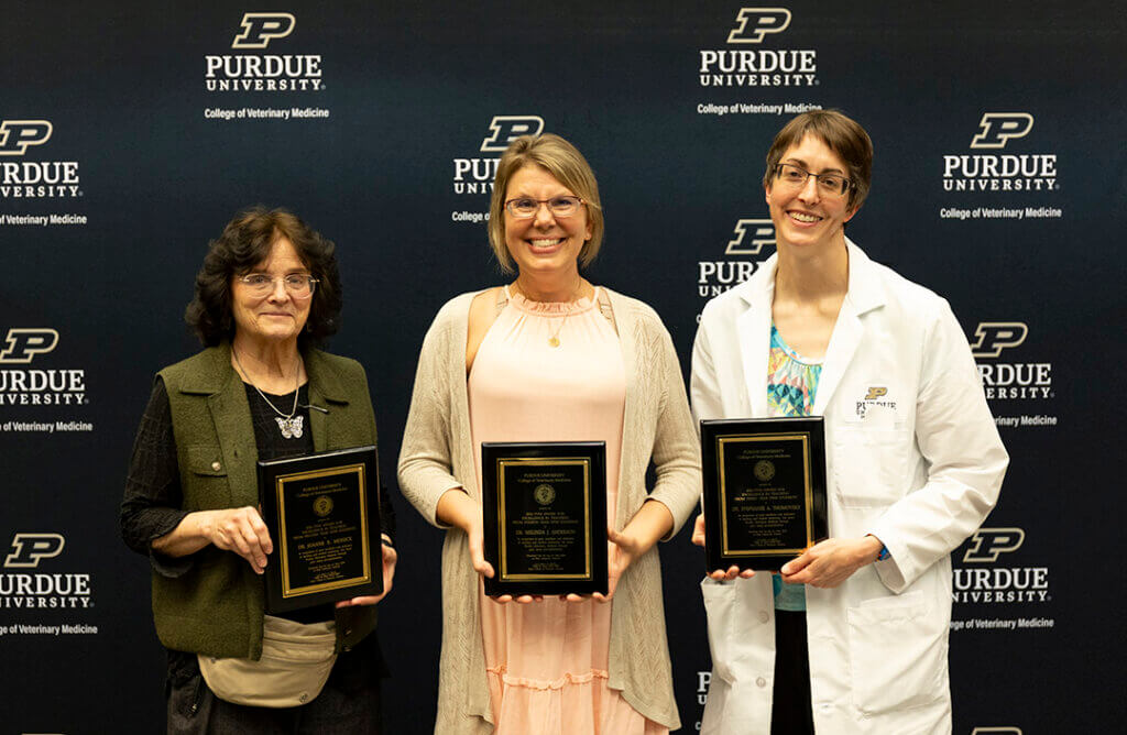 Recipients of the PVM Awards for Excellence in Teaching in the DVM program (left-right): Dr. Joanne Messick (selected by the 2nd Year Class); Dr. Mindy Anderson, (selected by the 4th Year Class); and Dr. Stephanie Thomovsky (selected by the 3rd Year Class). Not pictured: Dr. Larry Adams (selected by the 1st Year Class).