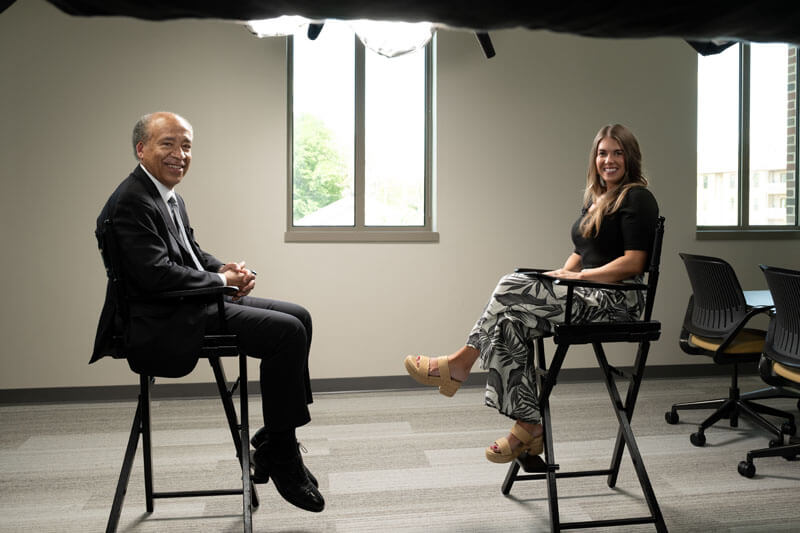 Dean Willie with “This is Purdue” podcast host Kate Young at the recording session in the Joy M. Matson Multi-Purpose Room at the David and Bonnie Brunner Purdue Veterinary Medical Hospital Complex.